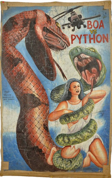 Leonardo Arts, "Boa vs. Python" (Regie David Flores, USA 2004), Handgemaltes Filmplakat aus Ghana, 2004, Sammlung Stäbler, Foto©Stäbler Leonardo Arts, "Boa vs. Python" (Regie David Flores, USA 2004), Handgemaltes Filmplakat aus Ghana, 2004, Sammlung Stäbler, Foto©Stäbler