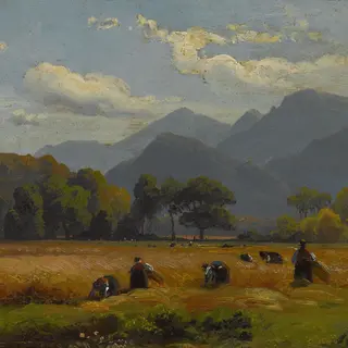 August Seidel, Heuernte an der Biber, Öl auf Leinwand