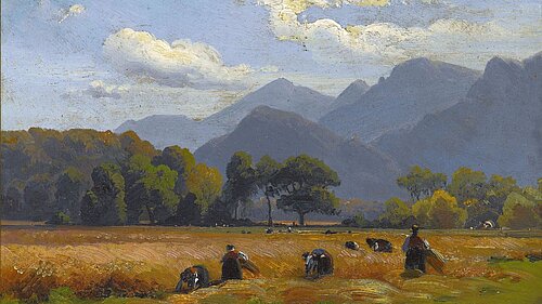 August Seidel, „Ernteszene bei Brannenburg“, um 1840, Öl/Papier/Pappe, Sammlung Städtische Galerie Rosenheim