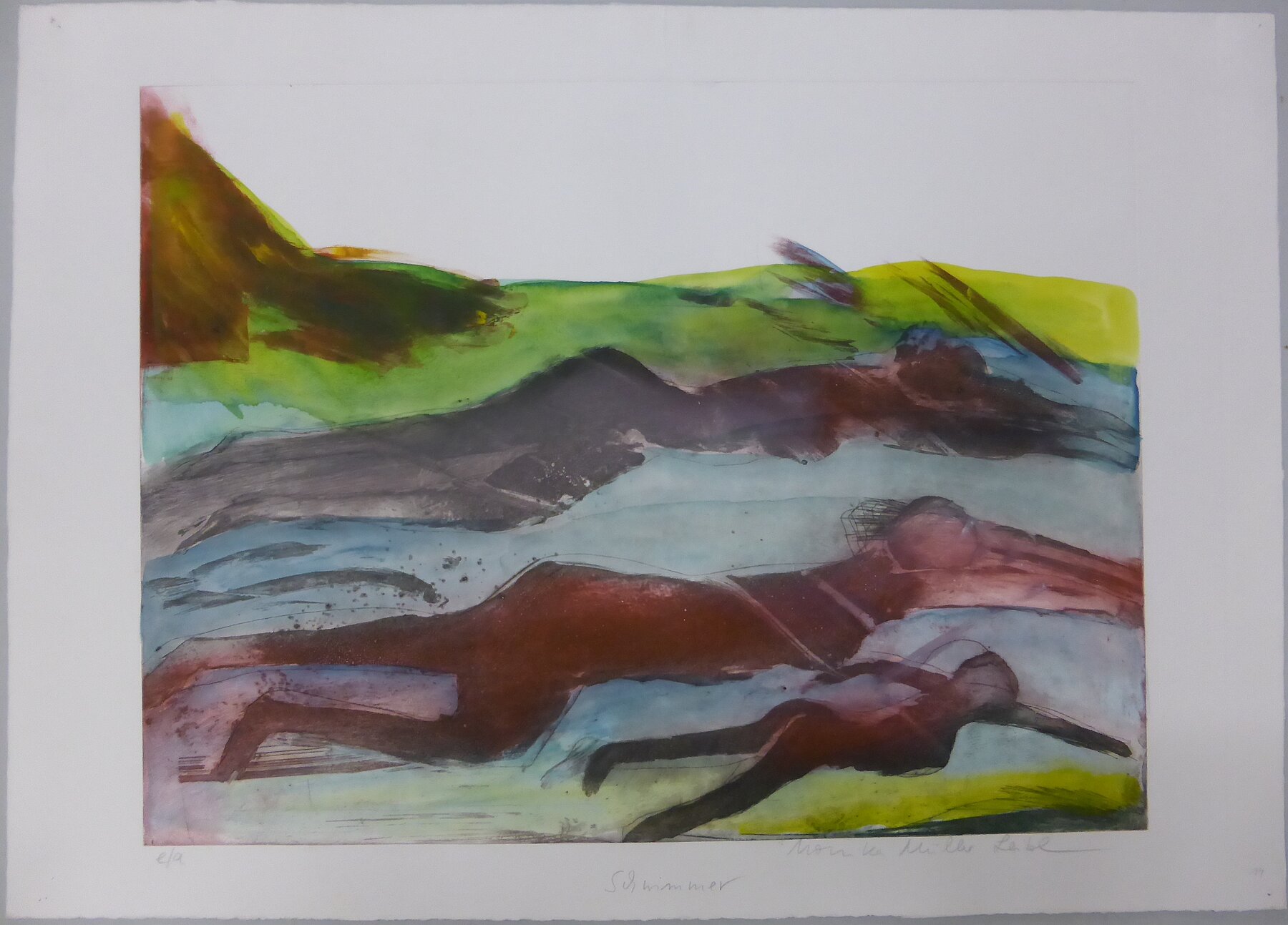 Monika Müller Leibl, "Schwimmer", Aquatinta Farbradierung auf Papier, 1987 © Städtische Galerie Rosenheim