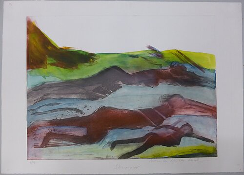 Monika Müller Leibl, "Schwimmer", Aquatinta Farbradierung auf Papier, 1987 © Städtische Galerie Rosenheim