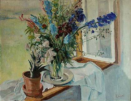Daisy Campi, "Blumen am Fenster", Öl/Lw.