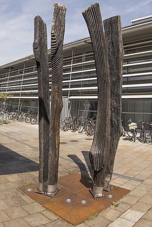 Franz Xaver Angerer, Vier Stelen, Zwei liegende Stammhälften, 2007, Eiche, Stahl und Leuchten 