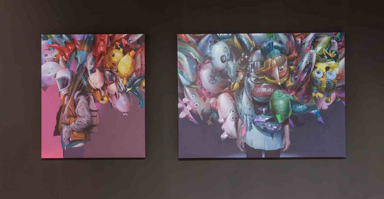 Mr. Woodland, Installar und Ikarus, Acryl auf Leinwand, 2024/2025, Foto Martin Weiand